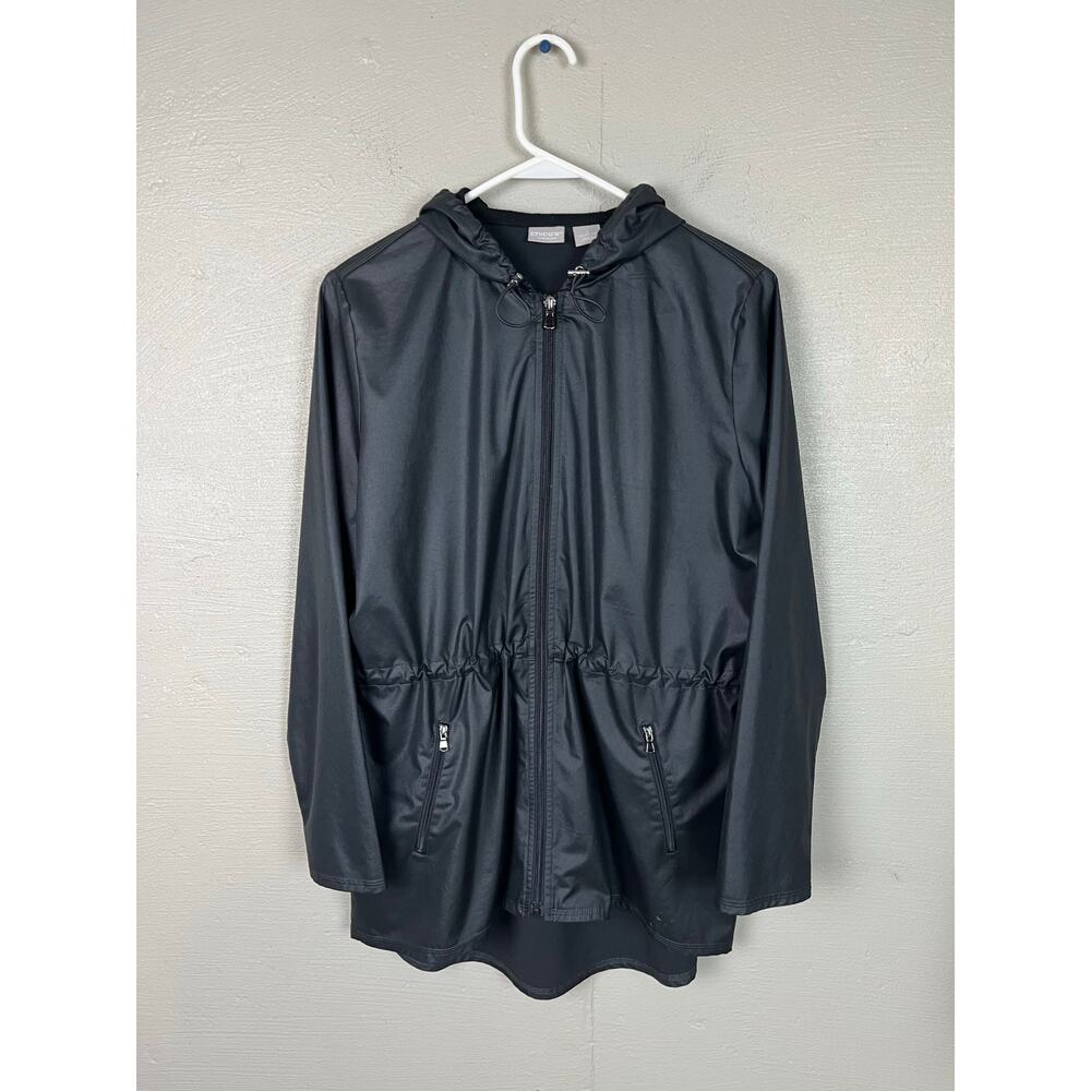 CHICOS ZENERGY RAINCOAT Black Hooded Stretch Zip Lightweight Jacket Size 1(8-10)